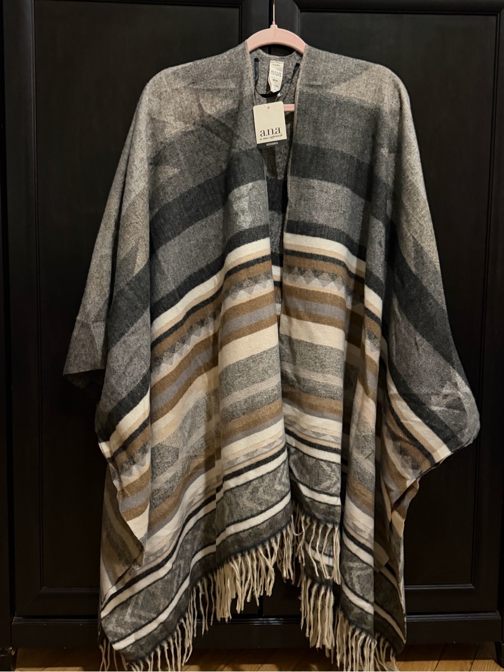Fall Ready / a.n.a Striped Fringe -Trim Ruana in Gray, Tan & Cream